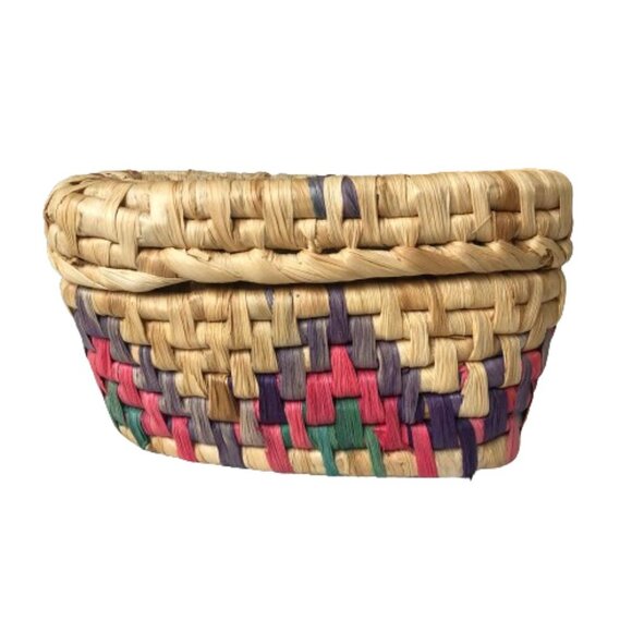 Two piece colorful raffia woven nesting basket container set with lids - Picture 7 of 16